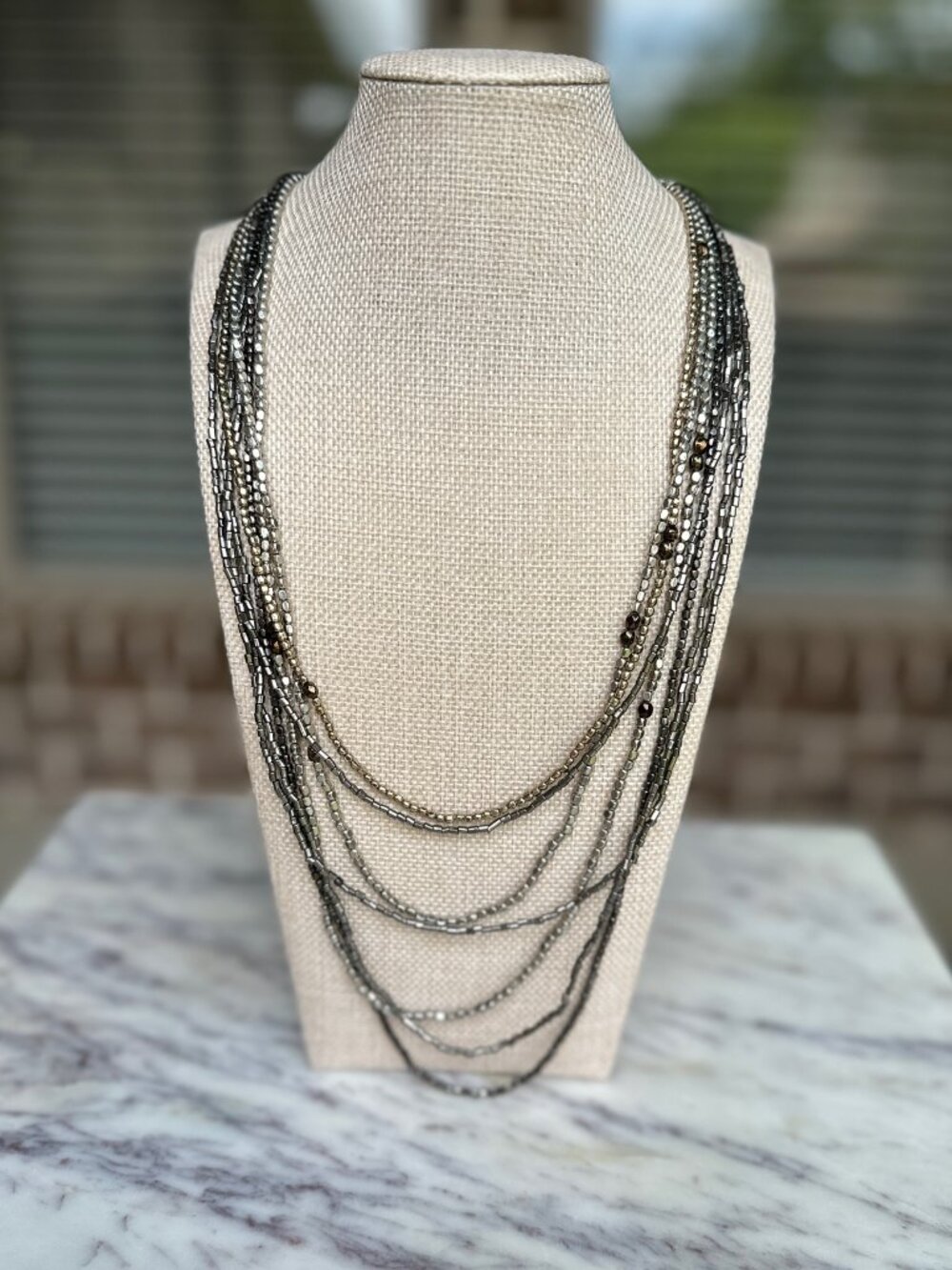Boho Seven Layer Multi Strand Beaded Long Necklace in Silver Black Pewter Gray
